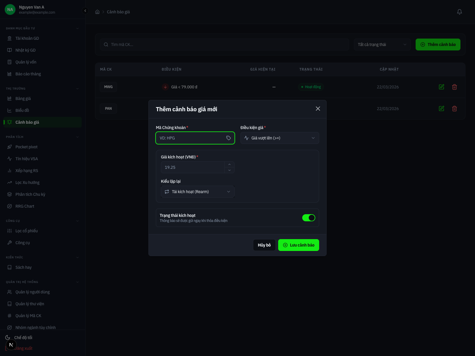 Giao diện Cảnh báo giá & Điều kiện
